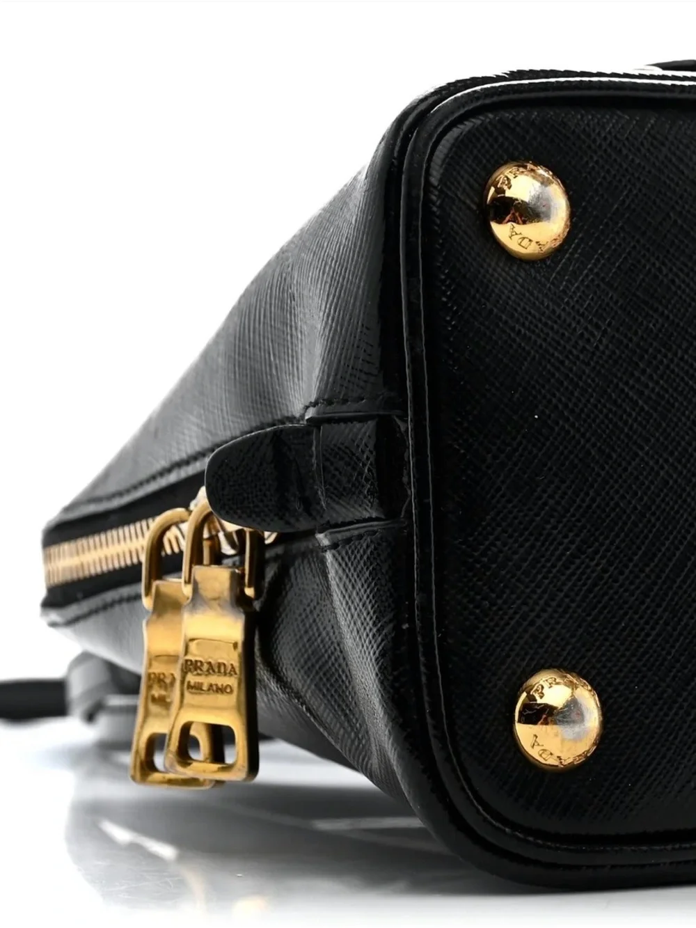 Prada Black Saffiano Leather Satchel tote bag with gold details